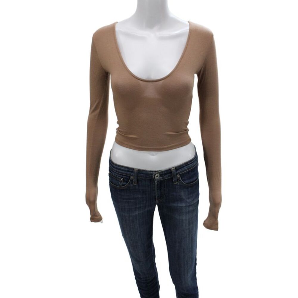 Joah Brown Womens Basic Scoop Neck Long Sleeve T Shirt Brown Size XS